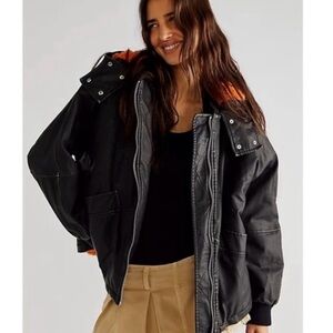 Free People Black Bomber Jacket with Orange Highlights